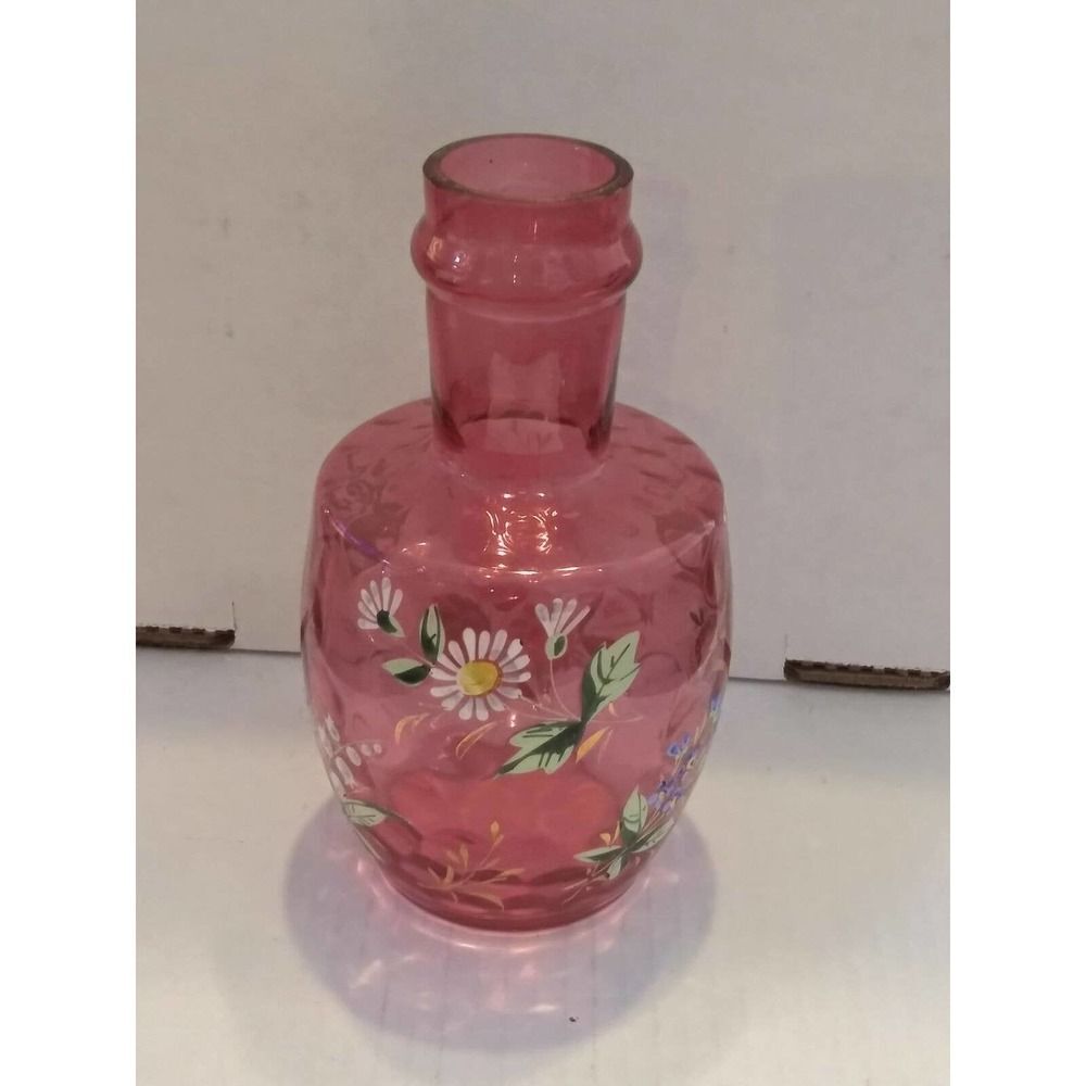 Bohemian Enameled Cranberry Art Glass Floral 7" Bottle Vase Inverted Thumbprint